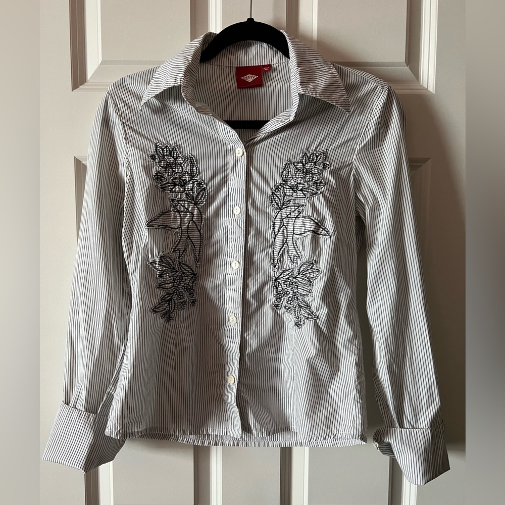 Oilily striped bird appliqué button down
